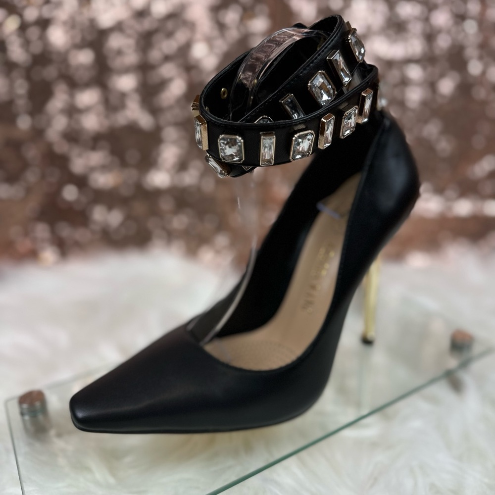 Azalea Wang Black and Gold Studded Heels, Size 7